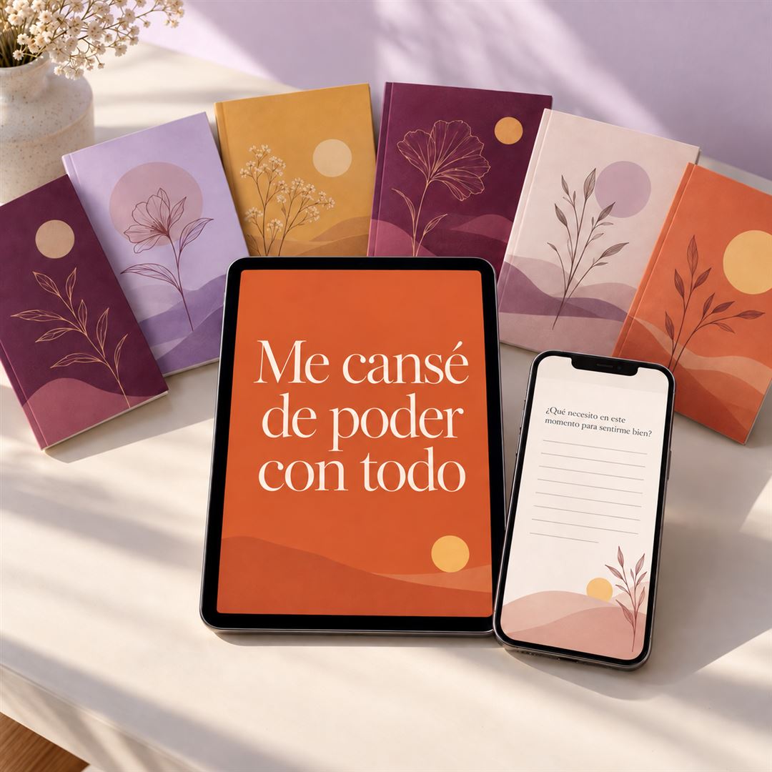 El ebook Me cansé de poder con todo en una tablet y un ejercicio en el celular, rodeados de los 6 libros de regalo
