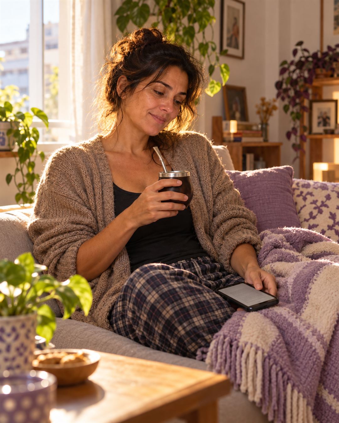 La misma mujer tranquila a la mañana en un sillón, tomando mate y leyendo el ebook en el celular