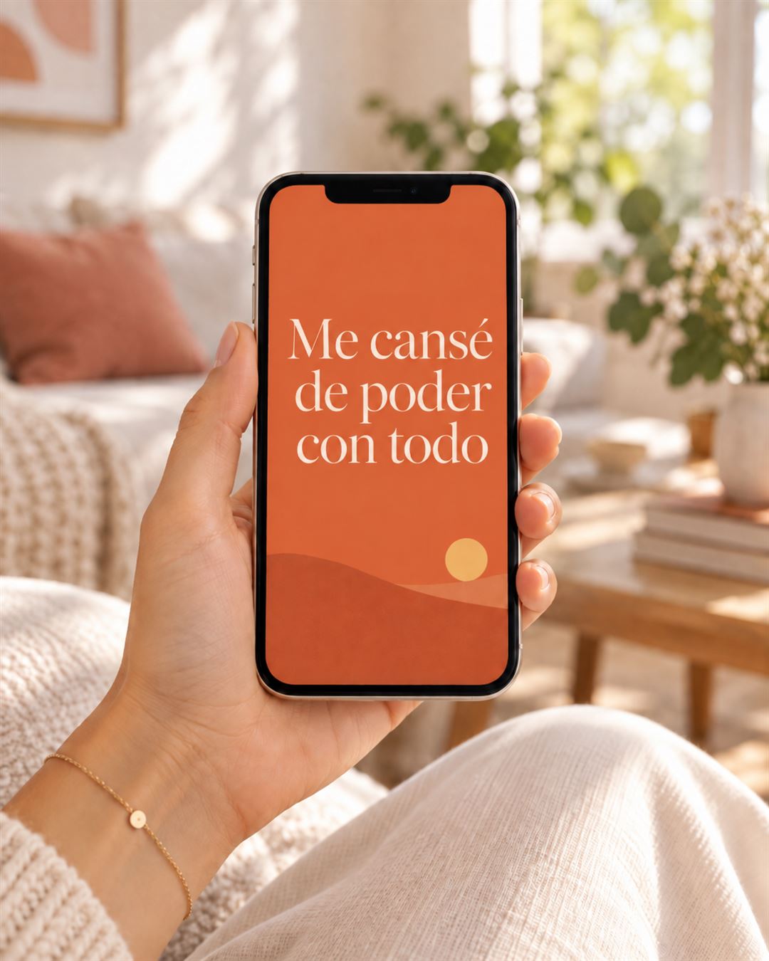 Mano de mujer sosteniendo un celular con la tapa del ebook Me cansé de poder con todo